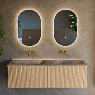 MONDIAZ KURVE-DLUX Meuble de salle de bains 140 cm couleur Oak avec 2 tiroirs et 0 porte. Lavabo STOR SMALL Double sans trou de robinet Oza.