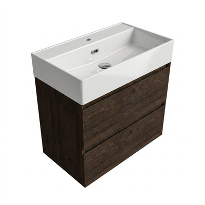 Saniclass Holz Pure Ensemble meuble de salle de bains - 80x45x72cm - Legend lavabo en céramique blanc - 1 vasque - 1 trou de robinetterie - 2 tiroirs - chêne charcoal mat (bois)