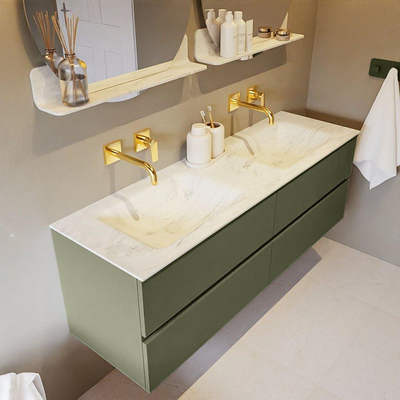 Mondiaz VICA-DLUX ensemble de meuble de salle de bain - 150cm - meuble sous-vasque armée - 4 tiroirs - lavabo encastré nuage double - sans trous de robinet - miroir modèle spot - version XL 60cm de haut - opalo