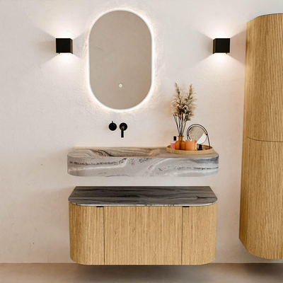 MONDIAZ THOR-DLUX 100cm badmeubel ronding links + rechts kleur Oak met 1 lade en 2 deuren. Vrijhangende wastafel CLOUD Links zonder kraangat kleur Sombra.