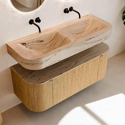 MONDIAZ THOR-DLUX 120cm meuble de salle de bains arrondi gauche + droite couleur Chêne avec 1 tiroir et 2 portes. Vasque suspendue CLOUD Double sans trou de robinet couleur Arena.