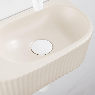 QeramiQ Fuente pack lave-mains – demi-rond – 40 x 21,5 x 12 cm – céramique beige – robinet blanc mat – cannelé