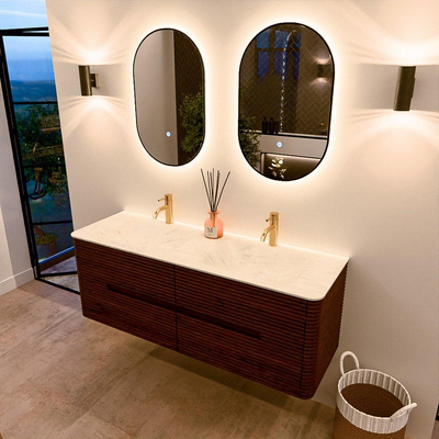 Mondiaz CIRO-DLUX Badkamermeubelset - 140x45x50cm - Solid surface wastafel Opalo - 2 wasbak Dubbel - 2 kraangaten - 4 lades - Ruby