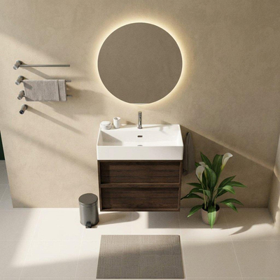 Saniclass Holz Frame Ensemble de meubles de salle de bains - 80x45x72cm - Legend lavabo en céramique blanc mat - 1 vasque - 1 trou de robinetterie - 2 tiroirs - chêne charcoal mat (bois)