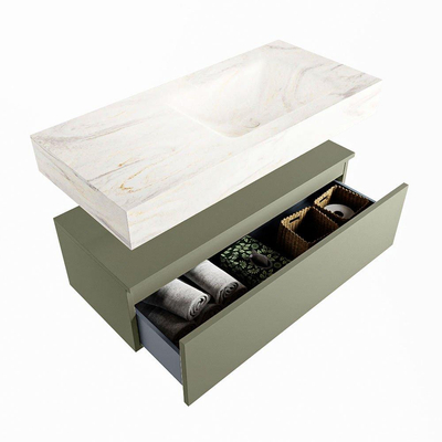 Mondiaz ALAN-DLUX Ensemble de meuble - 100cm - meuble Army mat - 1 tiroir - Lavabo Cloud Ostra suspendu - vasque Droite - 1 trou de robinet