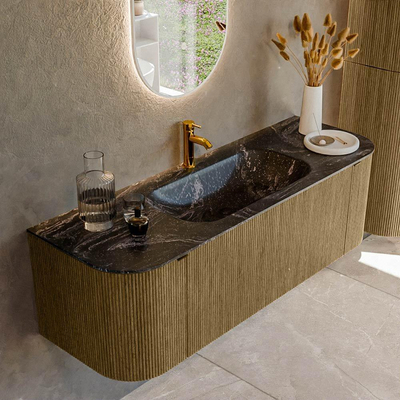 Ensemble de meuble de salle de bain Mondiaz KURVE-DLUX - 140x46x40cm - 1 tiroir - 2 portes - lavabo en solid surface - milieu - 1 trou de robinet - Dusk