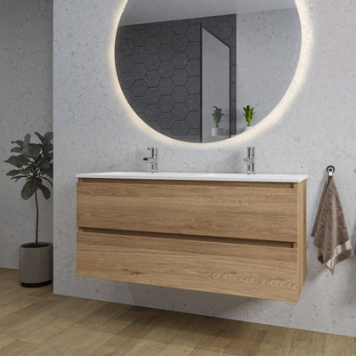 Adema Chaci Meuble salle de bain - 120x46x57cm - 2 vasques en céramique blanche - 2 trous de robinet - 2 tiroirs - miroir rond avec éclairage - cannelle