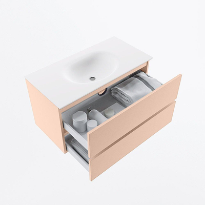 MONDIAZ VICA Ensemble meuble de salle de bains - 90cm - meuble bas rosee - 2 tiroirs - vasque moon centrale - 1 trou de robinet - version haute 60cm - talc