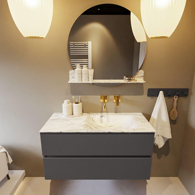 Mondiaz VICA-DLUX ensemble de meuble de salle de bain - 100cm - meuble sous-vasque gris foncé - 2 tiroirs - lavabo encastré cloud droite - sans trous de robinet - version haute de 60cm - glace