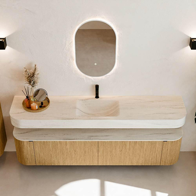 MONDIAZ THOR-DLUX 200cm meuble de salle de bains arrondi gauche + droite couleur Oak avec 2 tiroirs et 2 portes. Vasque suspendue CLOUD Milieu 1 trou de robinet couleur Meli.