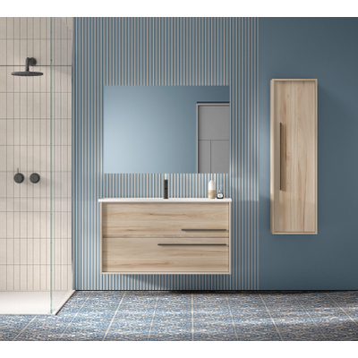 Saniclass Prime Essential Meuble de salle de bain - 100x55x46cm - 1 vasque ovale blanc - 1 trou de robinet - 2 tiroirs - miroir rectangulaire - chêne clair