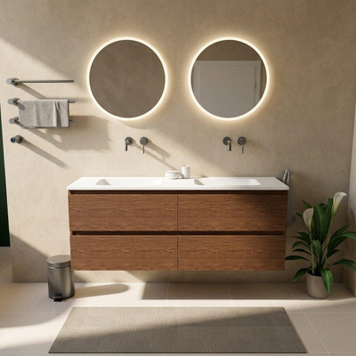 Saniclass Holz Pure Ensemble de meubles de salle de bains - 160x45x77.5cm - lavabo Torino en solid surface blanc - sans trou de robinet - 4 tiroirs - walnut pure mat (bois)