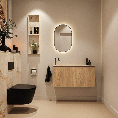 MONDIAZ TURE-DLUX Meuble toilette - 100cm - Washed Oak - EDEN - vasque Frappe - position gauche - 1 trou de robinet