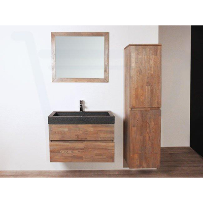 BRAUER Natural Wood Meuble salle de bain avec miroir 80cm suspendu Grey Oak avec vasque en pierre naturelle Black Spirit 1 trou pour robinetterie