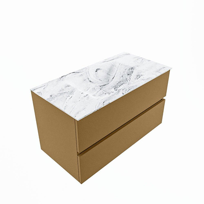 Mondiaz VICA-DLUX Ensemble de meuble de salle de bain - 90cm - meuble sous-vasque oro - 2 tiroirs - lavabo encastré cloud milieu - 1 trou de robinet - version haute de 60cm - glace