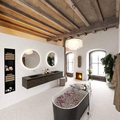 MONDIAZ BUKLA 200cm badmeubel met module 40 kleur Dark Brown met 3 lades. Wastafel CLOUD dubbel 0 kraangaten kleur Urban.