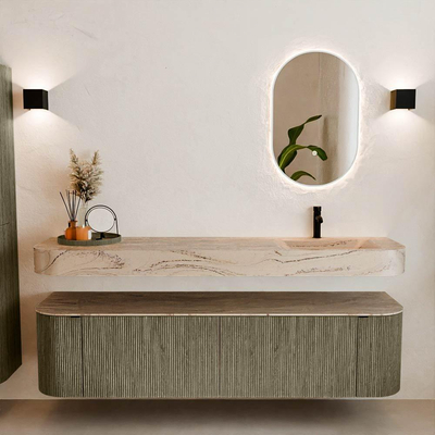 MONDIAZ THOR-DLUX 180cm meuble de salle de bains arrondi gauche + droite couleur Shadow avec 2 tiroirs et 2 portes. Vasque suspendue CLOUD Droite 1 trou de robinet couleur Arena.