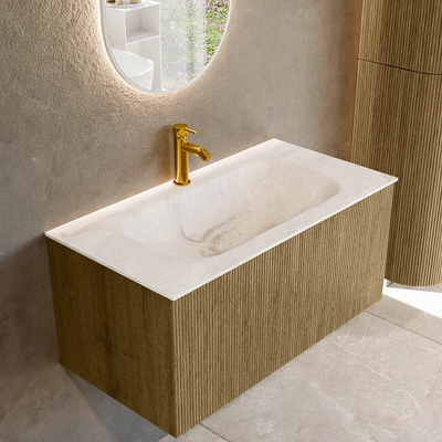 Mondiaz KURVE-DLUX Badkamermeubelset - 90x46x40cm - 1 lade - wastafel solid surface - midden - 1 kraangat - Dusk
