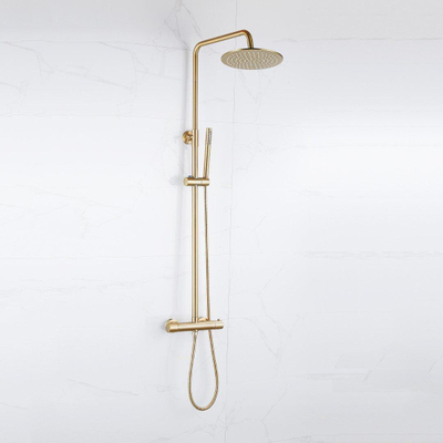 Fortifura Calvi Ensemble de douche pluie - thermostatique - pomme de douche 30cm - flexible métallique - douchette barre - Laiton brossé PVD (Or)