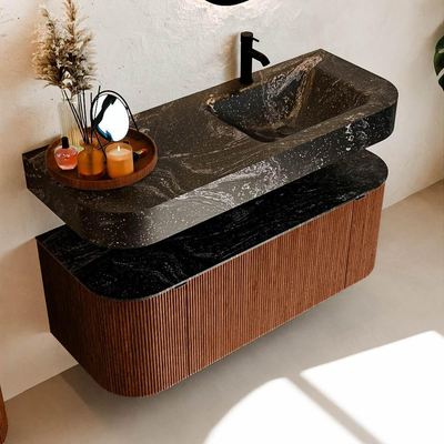 MONDIAZ THOR-DLUX 120cm meuble de salle de bains arrondi gauche + droite couleur Ruby avec 1 tiroir et 2 portes. Vasque suspendue CLOUD Droite 1 trou de robinet couleur Lava.