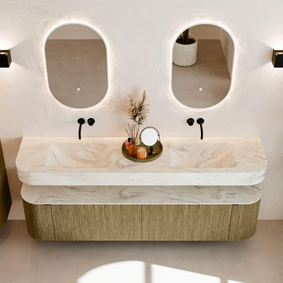 MONDIAZ THOR-DLUX Meuble de salle de bains - 190cm - arrondi gauche + droite - couleur Dusk - 2 tiroirs et 2 portes - Vasque suspendue CLOUD Double sans trou de robinet - couleur Ostra