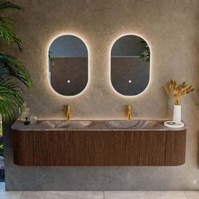 MONDIAZ KURVE-DLUX Meuble de salle de bains 190cm arrondi Gauche + Droite couleur Walnut avec 2 tiroirs et 2 portes. Lavabo STOR SMALL Double 2 trous de robinet Sombra.