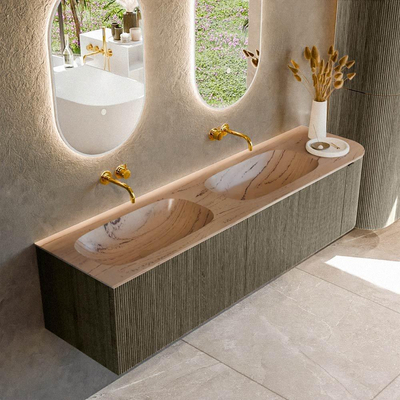 MONDIAZ KURVE-DLUX Meuble de salle de bains 175cm arrondi à droite couleur Shadow avec 2 tiroirs et 1 porte. Lavabo STOR SMALL Double / Gauche sans trou de robinet Arena.