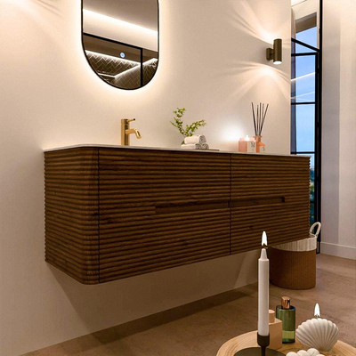 Mondiaz CIRO-DLUX Badkamermeubelset - 150x45x50cm - Solid surface wastafel Glace - 1 wasbak Links - 1 kraangat - 4 lades - Dusk