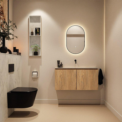 MONDIAZ TURE-DLUX Meuble toilette - 100cm - Washed Oak - EDEN - vasque Opalo - position centrale - sans trou de robinet