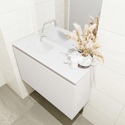 MONDIAZ OLAN Toiletmeubel 80x30x40cm met 0 kraangaten 1 lades linen mat Wastafel Lex links Solid Surface Wit