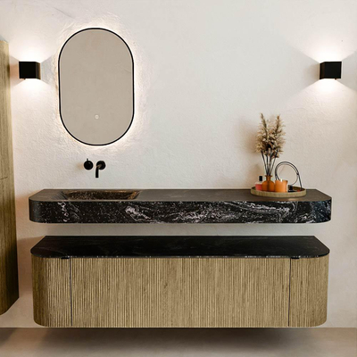 MONDIAZ THOR-DLUX Meuble de salle de bains - 170cm - arrondi gauche + droite - couleur Dusk - 1 tiroir et 2 portes - Vasque suspendue CLOUD Gauche sans trou de robinet - couleur Lava