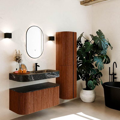 MONDIAZ THOR-DLUX 100cm meuble de salle de bains arrondi gauche + droite couleur Ruby avec 1 tiroir et 2 portes. Vasque suspendue CLOUD Droite 1 trou de robinet couleur Lava.