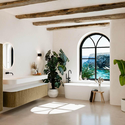 MONDIAZ THOR Meuble de salle de bains 200cm arrondi gauche + droite couleur Dusk avec 2 tiroirs et 2 portes. Vasque suspendue CLOUD Gauche sans trou de robinet couleur Talc.