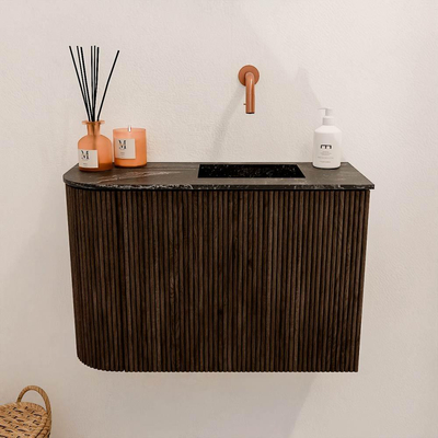 Mondiaz JOYA-DLUX 61.6cm toiletmeubel - ronding links kleur Walnut - Wastafel FAYE positie Rechts Zonder kraangat kleur Lava.