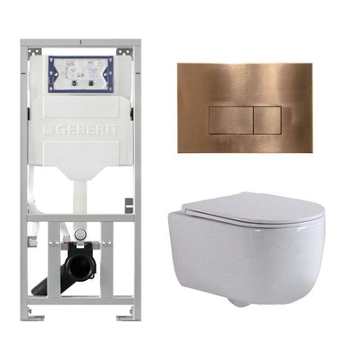 QeramiQ Dely Swirl Toiletset - 36.3x51.7cm - Geberit UP320 inbouwreservoir - met Burda frame - slim zitting - koperen bedieningsplaat - rechthoekige knoppen - wit glans