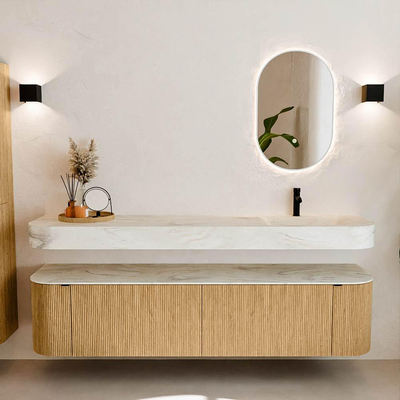 MONDIAZ THOR-DLUX Meuble de salle de bains - 190cm - arrondi gauche + droite - couleur Oak - 2 tiroirs et 2 portes - Vasque suspendue CLOUD droite 1 trou de robinet couleur Ostra