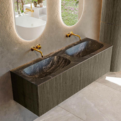 Ensemble de meuble de salle de bain Mondiaz KURVE-DLUX - 140x46x40cm - 2 tiroirs - lavabo en solid surface - double - sans trou de robinet - Shadow