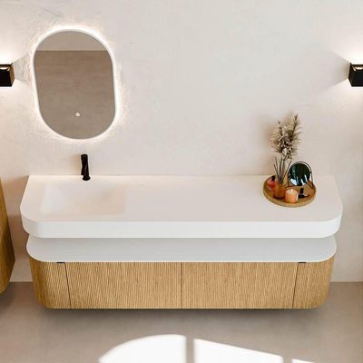 MONDIAZ THOR 190cm meuble de salle de bains arrondi gauche + droite couleur Oak avec 2 tiroirs et 2 portes. Vasque suspendue CLOUD gauche 1 trou de robinet couleur Talc.