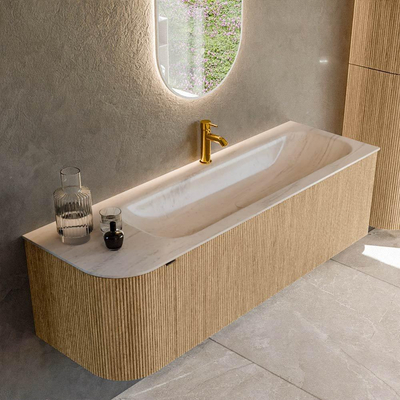 MONDIAZ KURVE-DLUX 145cm badmeubel ronding Links kleur Oak met 1 lade en 1 deur. Wastafel BIG LARGE Rechts 1 kraangat Meli.