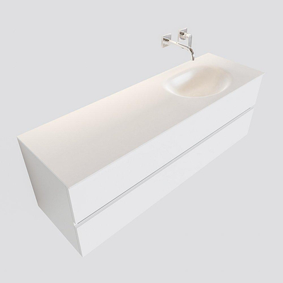MONDIAZ VICA Ensemble de meuble salle de bain - 150cm - 2 tiroirs - lavabo Moon à droite - 0 trous de robinet - solid surface talc