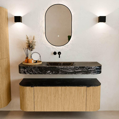 MONDIAZ THOR-DLUX 130cm badmeubel ronding links + rechts kleur Oak met 1 lade en 2 deuren. Vrijhangende wastafel CLOUD Midden zonder kraangat kleur Lava.