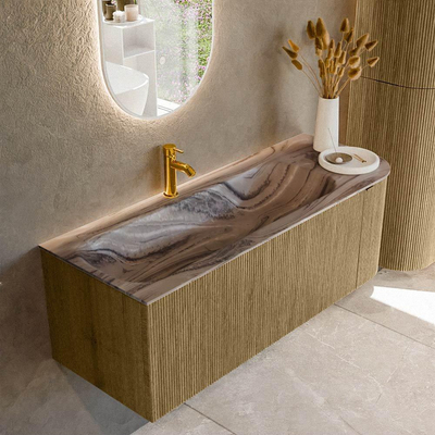 MONDIAZ KURVE-DLUX Meuble de salle de bains 125cm arrondi à droite couleur Dusk avec 1 tiroir et 1 porte. Lavabo BIG MEDIUM gauche 1 trou de robinet Sombra.