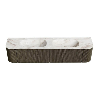 Mondiaz KURVE-DLUX Badkamermeubelset - 200x46x40cm - 2 lade - 2 deuren - wastafel solid surface - dubbel - 2 kraangaten - Shadow