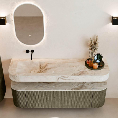 MONDIAZ THOR-DLUX 160cm meuble de salle de bains arrondi gauche + droite couleur Shadow avec 1 tiroir et 2 portes. Vasque suspendue CLOUD Gauche sans trou de robinet couleur Frappe.