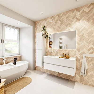 MONDIAZ VICA Meuble de salle de bains 120cm sous-meuble Talc 2 tiroirs. Lavabo MOON gauche sans trou de robinet, couleur Talc.