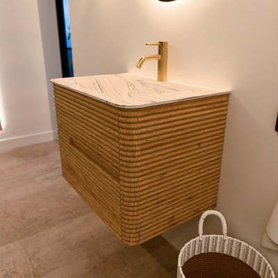 Mondiaz CIRO-DLUX Badkamermeubelset - 70x45x50cm - Solid surface wastafel Nata - 1 wasbak Midden - 1 kraangat - 2 lades - Oak