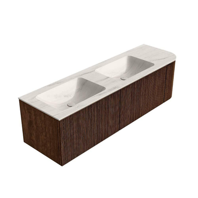 MONDIAZ KURVE-DLUX Meuble de salle de bains 155cm arrondi à droite couleur Walnut avec 2 tiroirs et 1 porte. Lavabo LEAF Double / Gauche 2 trous de robinet Meli.