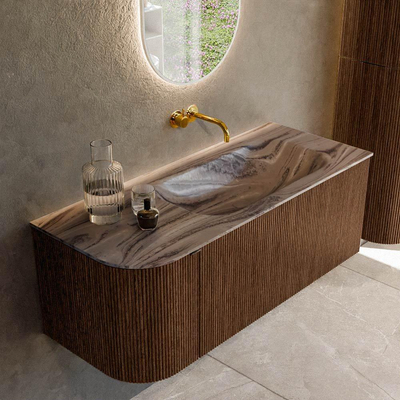 MONDIAZ KURVE-DLUX Meuble de salle de bains 115cm arrondi à gauche couleur Walnut avec 1 tiroir et 1 porte. Lavabo BIG SMALL à droite sans trou de robinet Sombra.