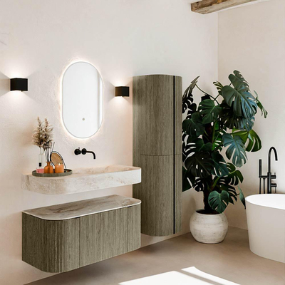 MONDIAZ THOR-DLUX 100cm meuble de salle de bains arrondi gauche + droite couleur Shadow avec 1 tiroir et 2 portes. Vasque suspendue CLOUD Droite sans trou de robinet couleur Frappe.