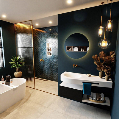 MONDIAZ RIVA Ensemble meuble de salle de bains - 120x50x30cm - 1 tiroir - MDF Urban mat - push to open - 0 trous de robinet - vasque à gauche - solid surface talc